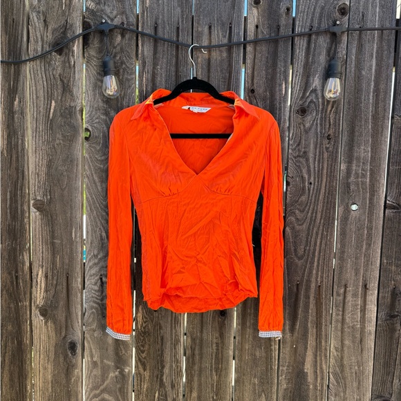Trina Turk Los Angeles Orange Silk V Neck Long Sleeve Blouse Jeweled Cuffs Small - Picture 1 of 10